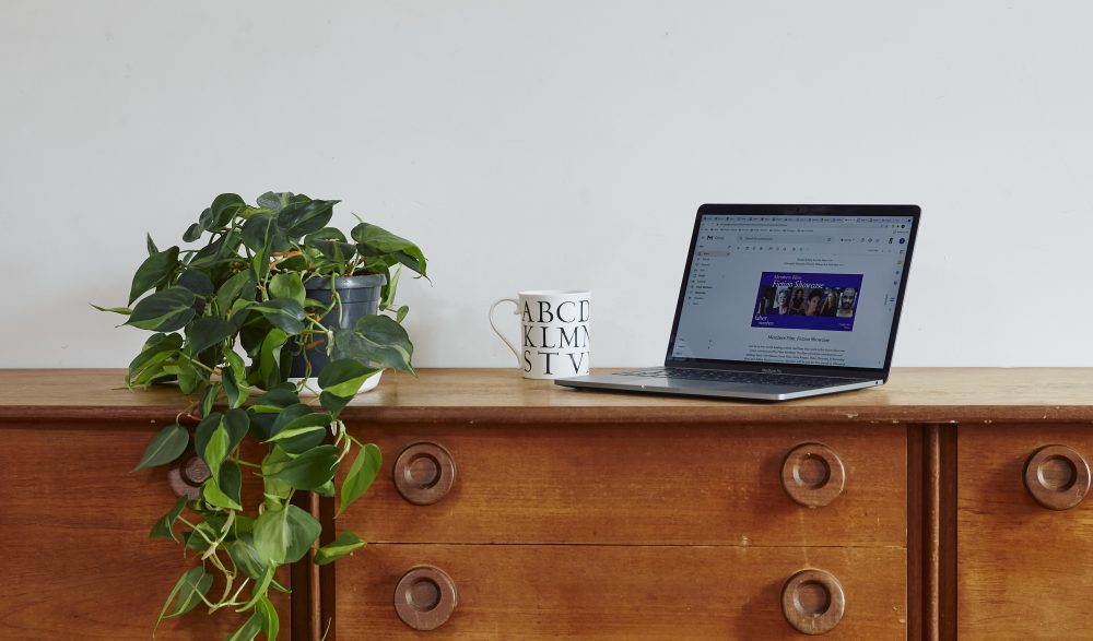 Laptop-mug-and-plant-on-sideboard