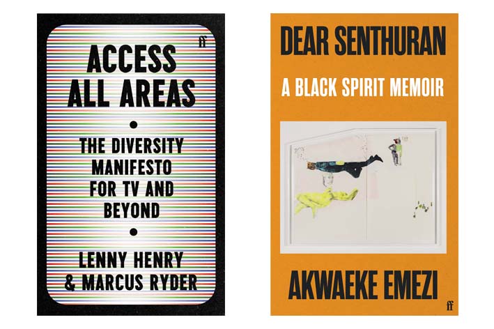 Jackets of books by Lenny Henry, Marcus Ryder and Akwaeke Emezi