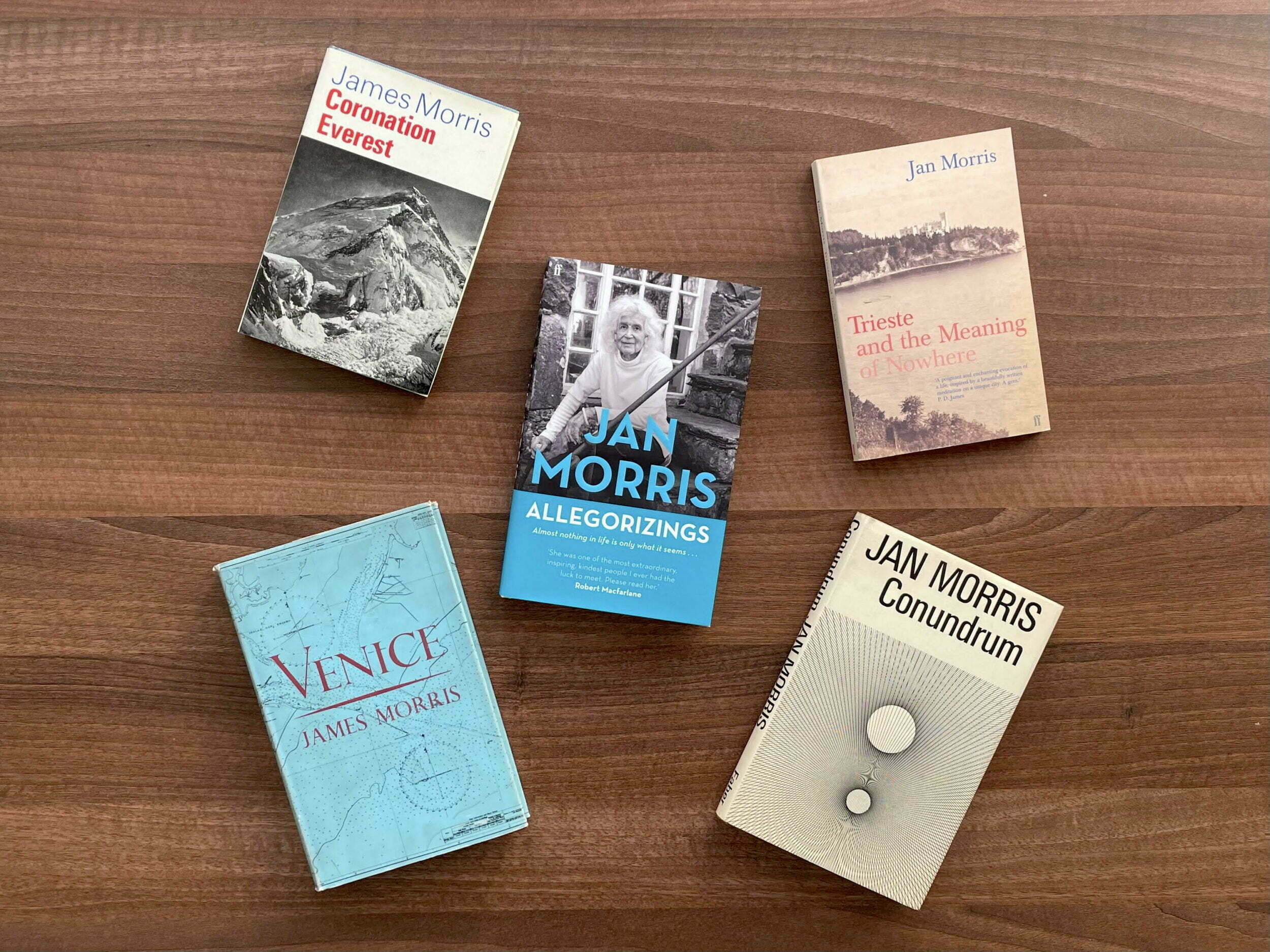 Layout of books by travel writer Jan Morris